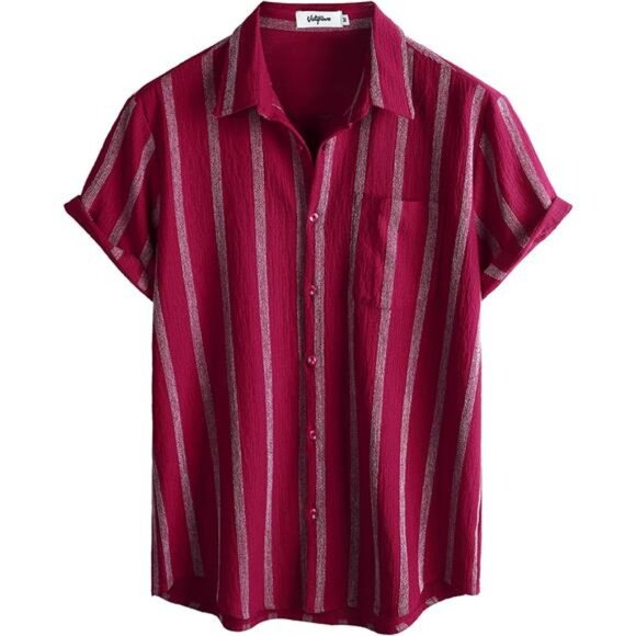 Mens Summer Striped Shirts Button Down Short Sleeve Vintage Beach - Picture 4 of 7